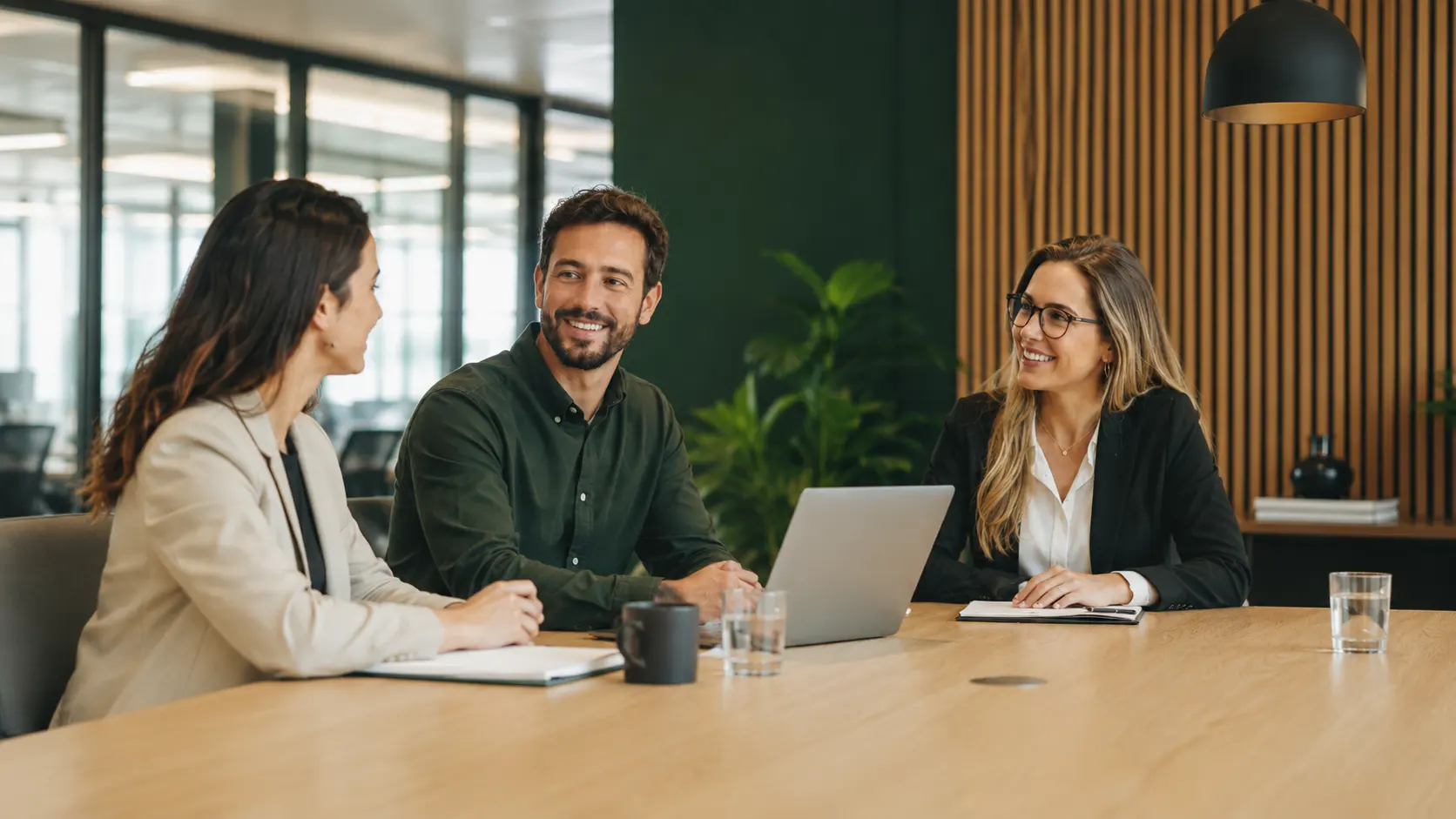 Três profissionais conversando em uma reunião na sala de reuniões